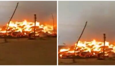مشهد مفزع لصاعقة رعدية تحرق كمية من الأعلاف في مكة .. فيديو