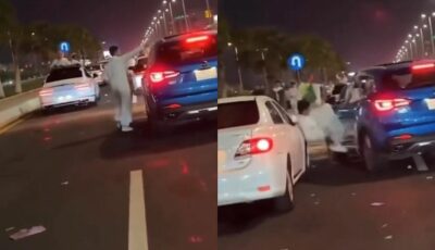 شاب يتعرض لحادث أليم أثناء سيره بين السيارات في اليوم الوطني .. فيديو